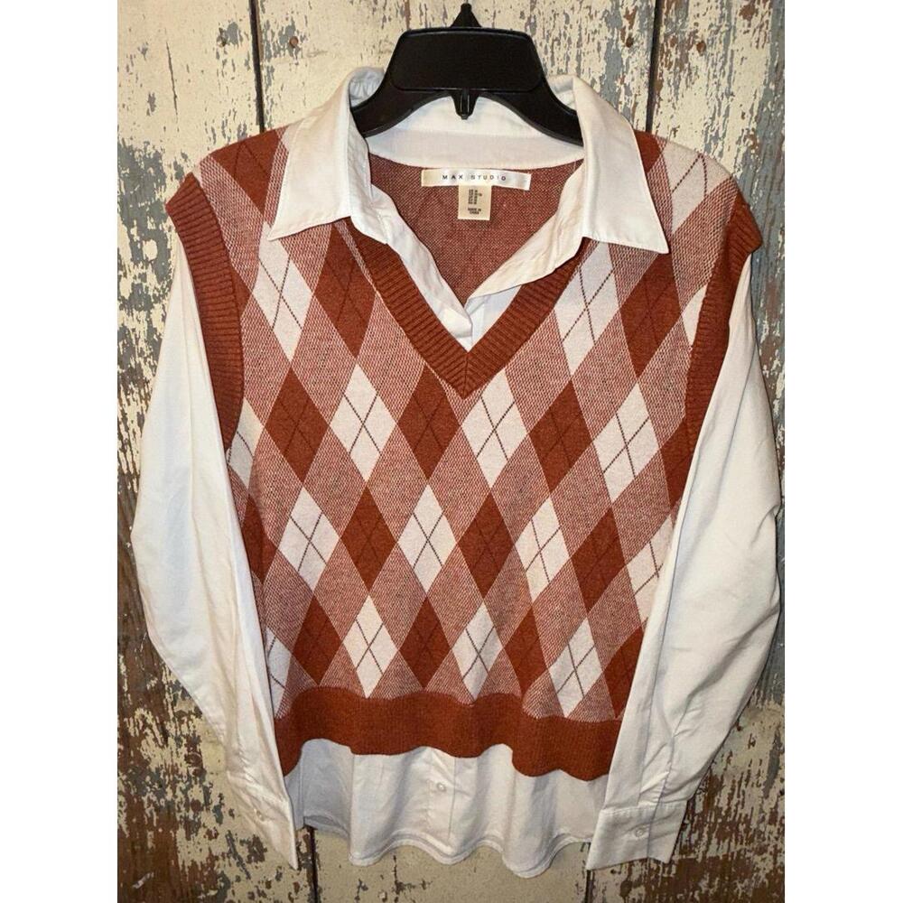 Max Studio combo vest shirt, orange argyle, white button down size Medium